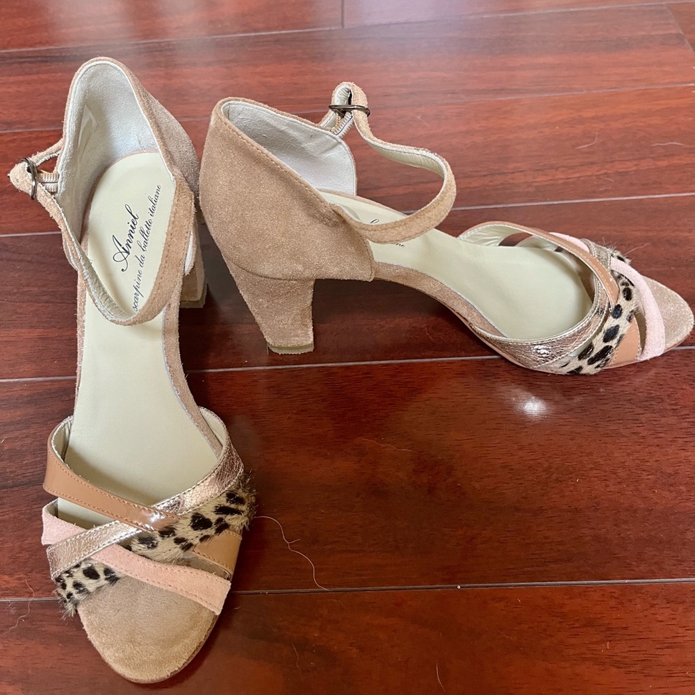 Anniel Shoes Pink Suede Metallic Leopard Open Toe Heels EU 37 Made in Italy